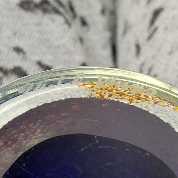 VTG Earl O James Paperweight 3" Blue Gold Flecks Handblown Art Glass Signed '99 - Picture 13 of 16